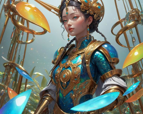 Full-body portrait of a woman in ornate armor and jewelry