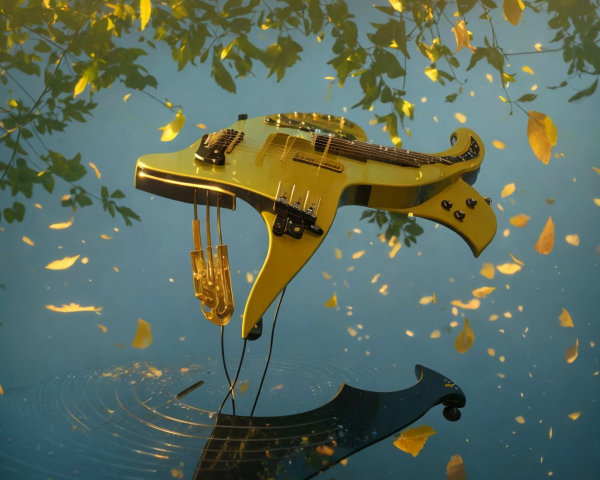 Surreal Golden Yellow Electric Guitar Above Blue Water