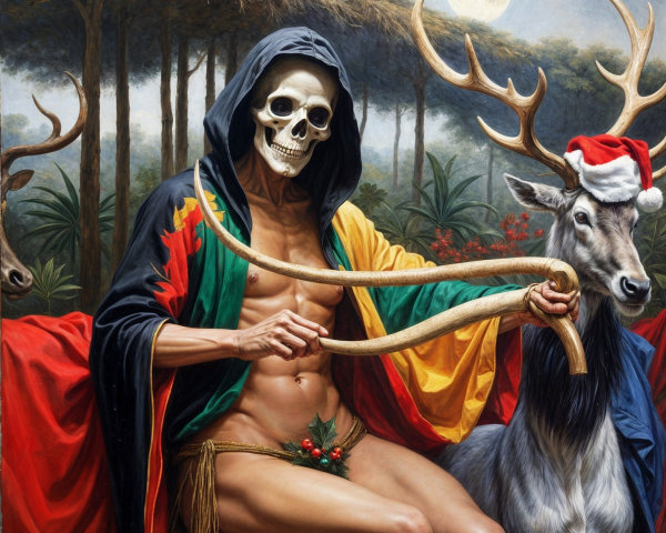 Muscular skeletal figure with deer in festive setting