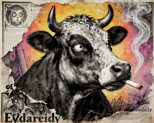 Close-Up of Cow with Cigarette on Ripped Paper Collage