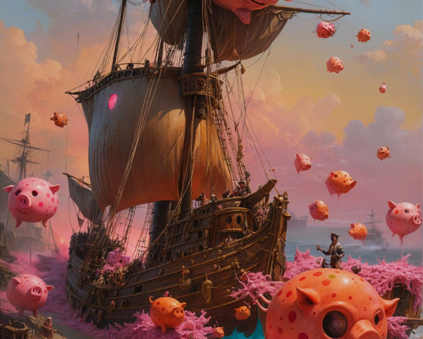 Whimsical Scene of Ship with Floating Pigs at Sunset