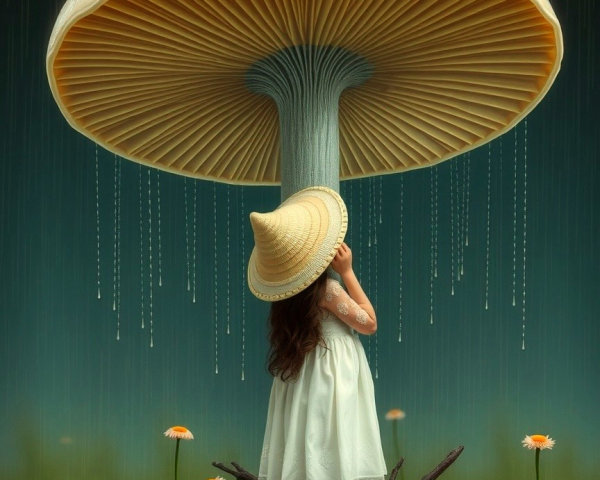 Young girl under glowing mushroom in serene setting