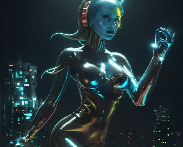 Futuristic city scene with metallic bodysuit figure