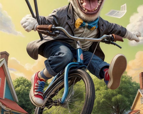 Beagle Dog Riding Bicycle in Suburban Street Scene