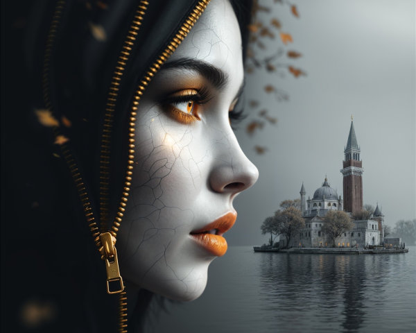 Mysterious Figure in Profile with Autumn Leaves and Island