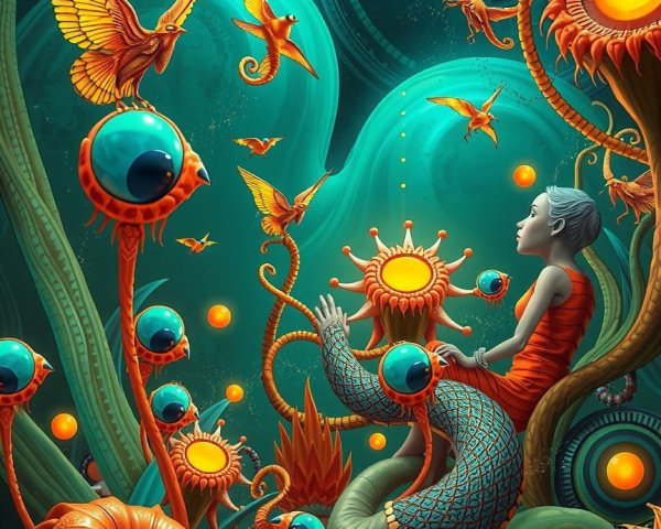 Whimsical Fantasy World with Surreal Flowers and Birds