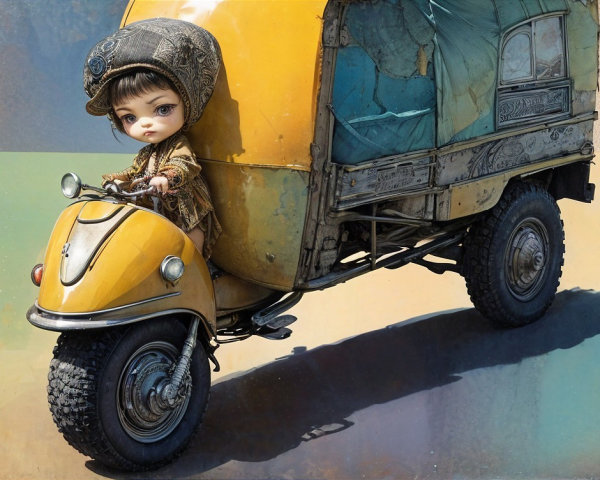 Vintage Yellow Three-Wheeled Vehicle with Doll Character