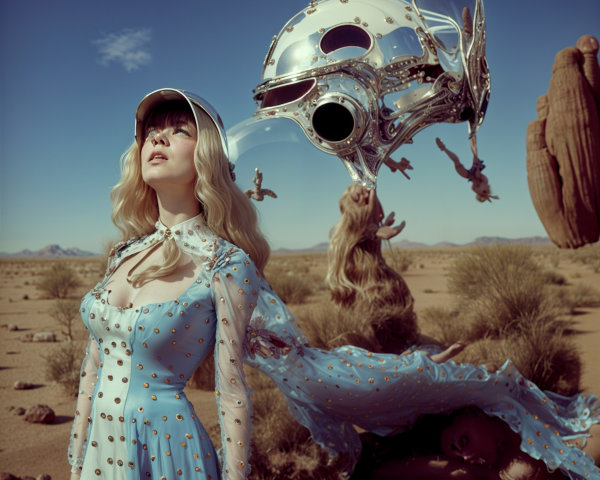 Blonde Woman in Polka-Dotted Dress by Ornate Silver Structure