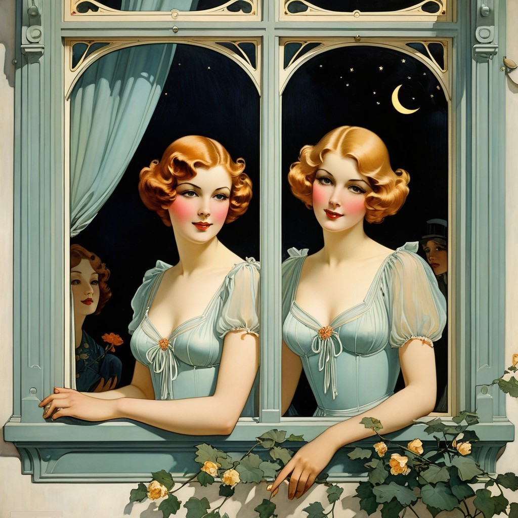 Elegant Women in Vintage Dresses by Window at Night