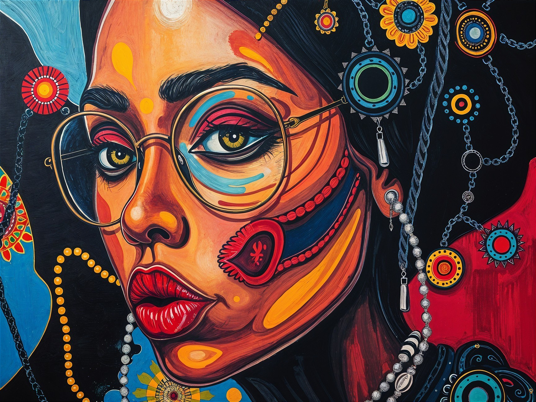 Vibrant Portrait of a Woman with Bold Makeup and Glasses