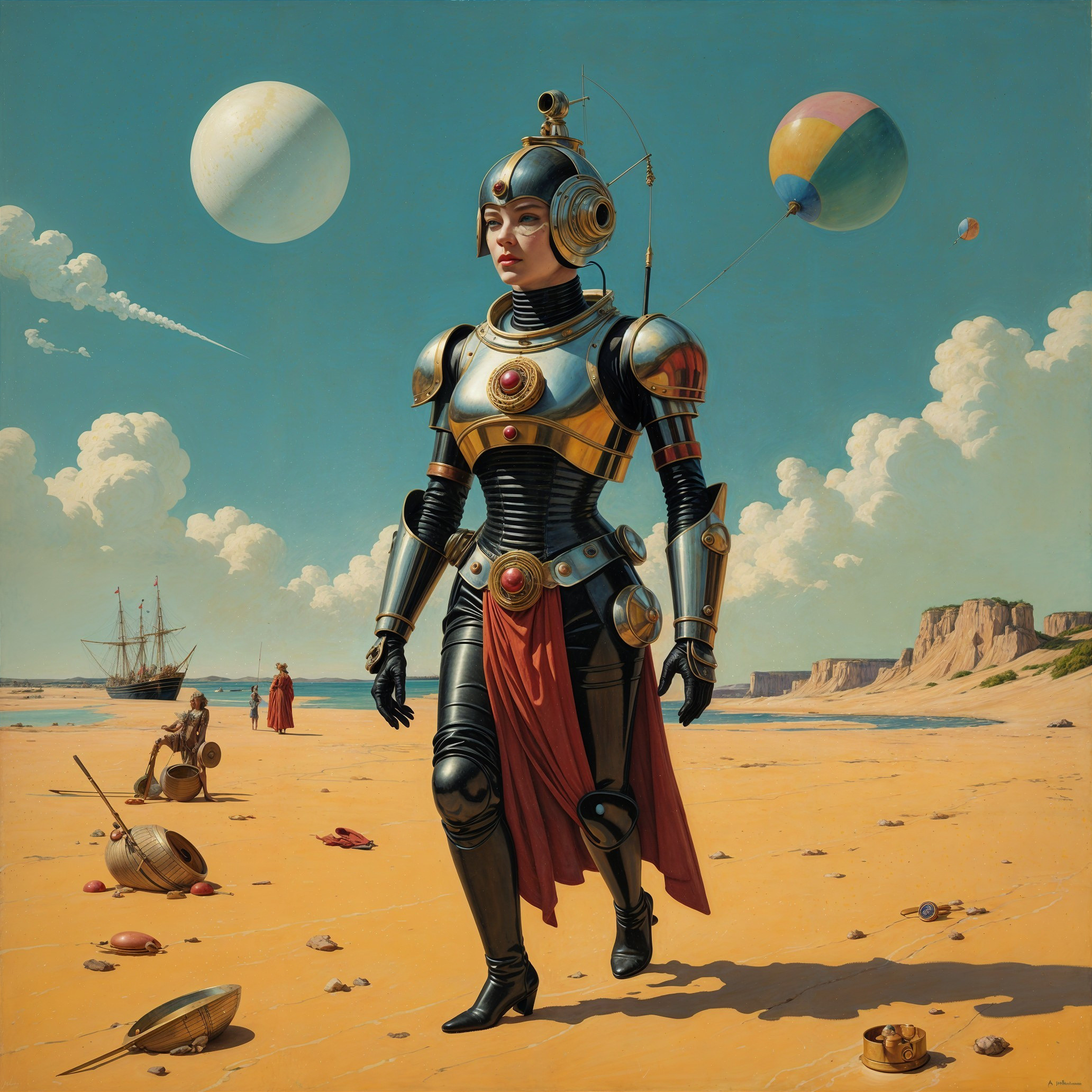 Futuristic warrior on a beach with floating planets