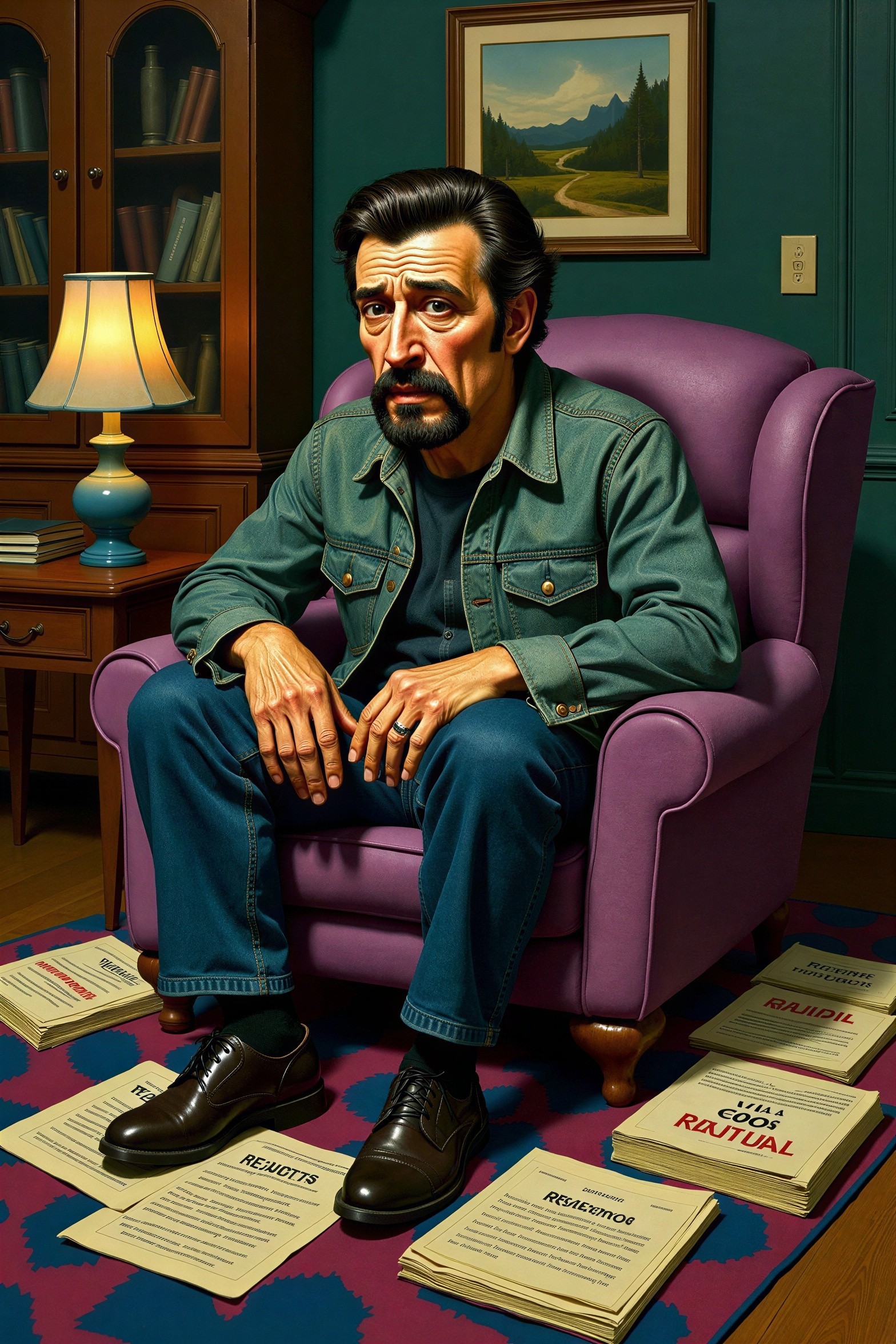 Melancholy man in denim jacket seated in green room