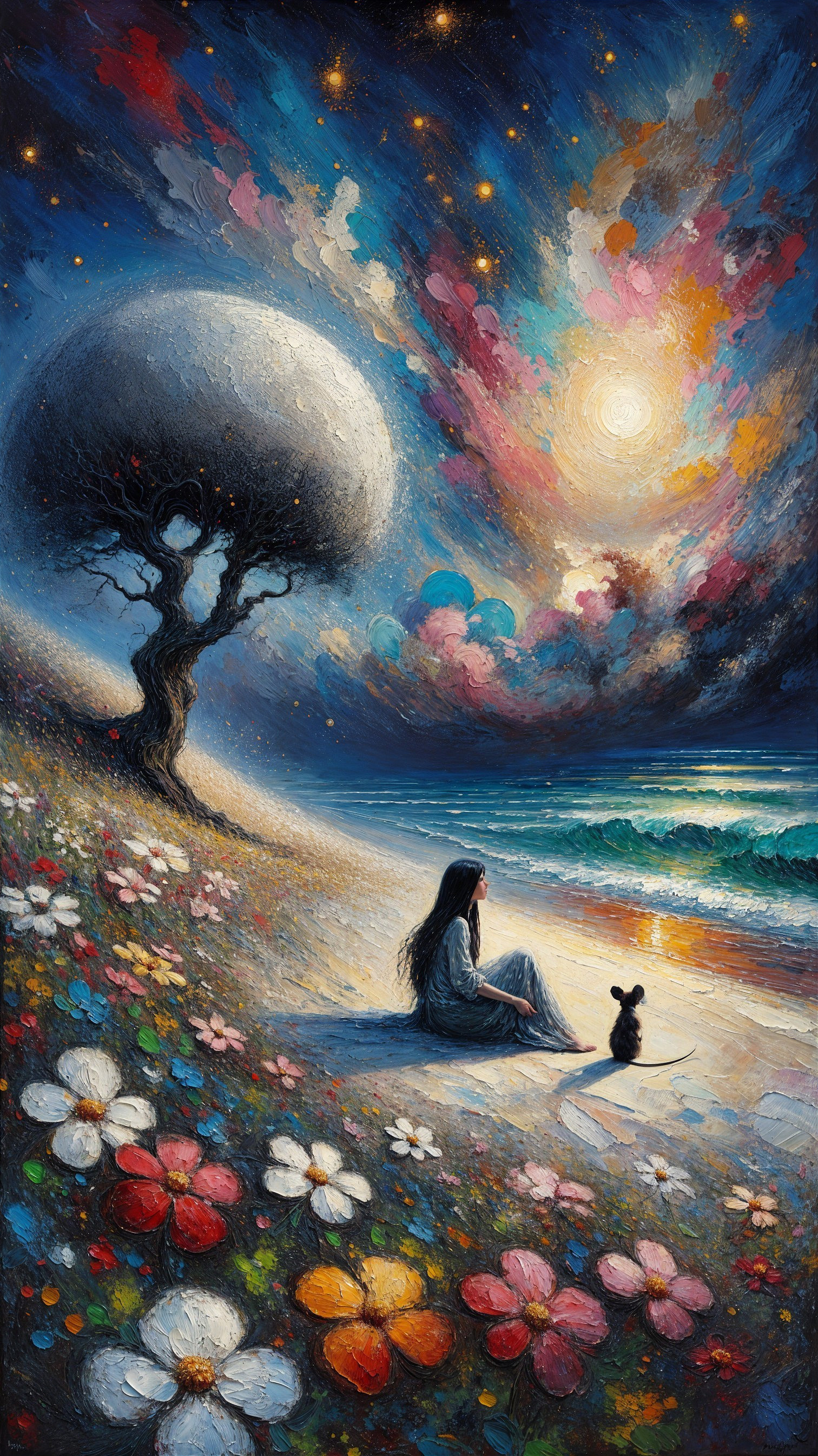 Young woman and dog on beach under colorful sky