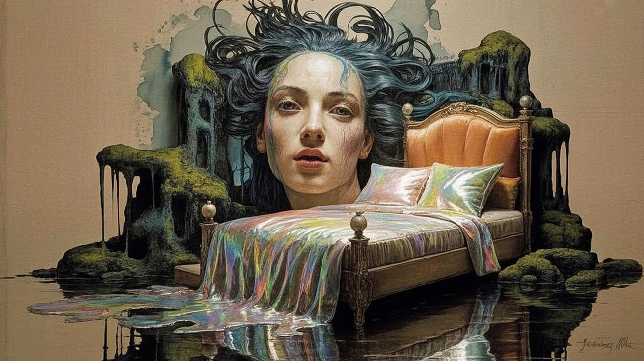 Surreal Watercolor of Woman with Flowing Hair and Rocks