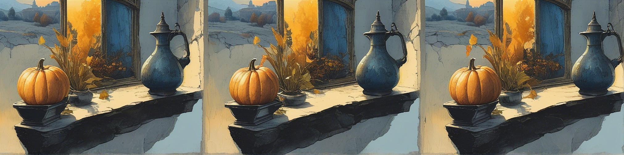 Still Life of Pumpkin and Blue Pitcher in Autumn Light