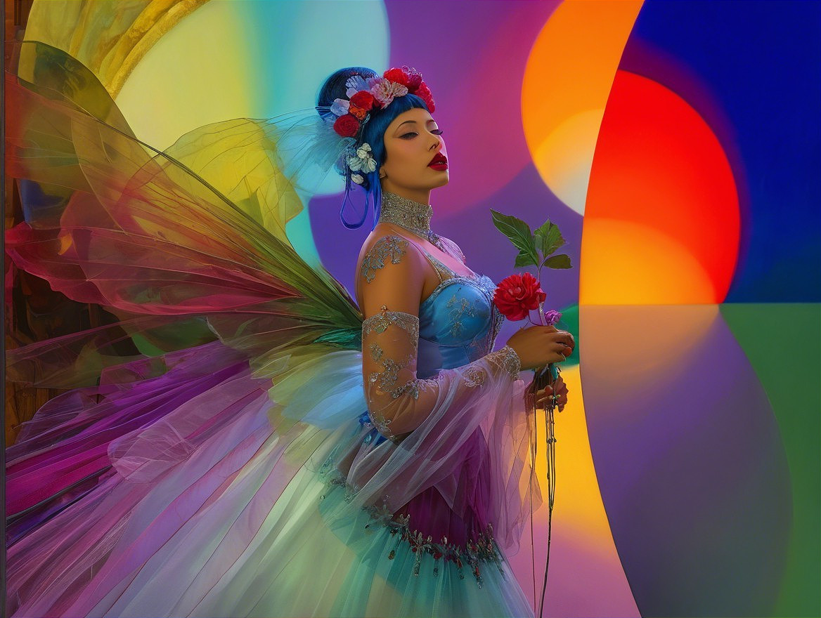 Ethereal figure in vibrant gown with colorful wings
