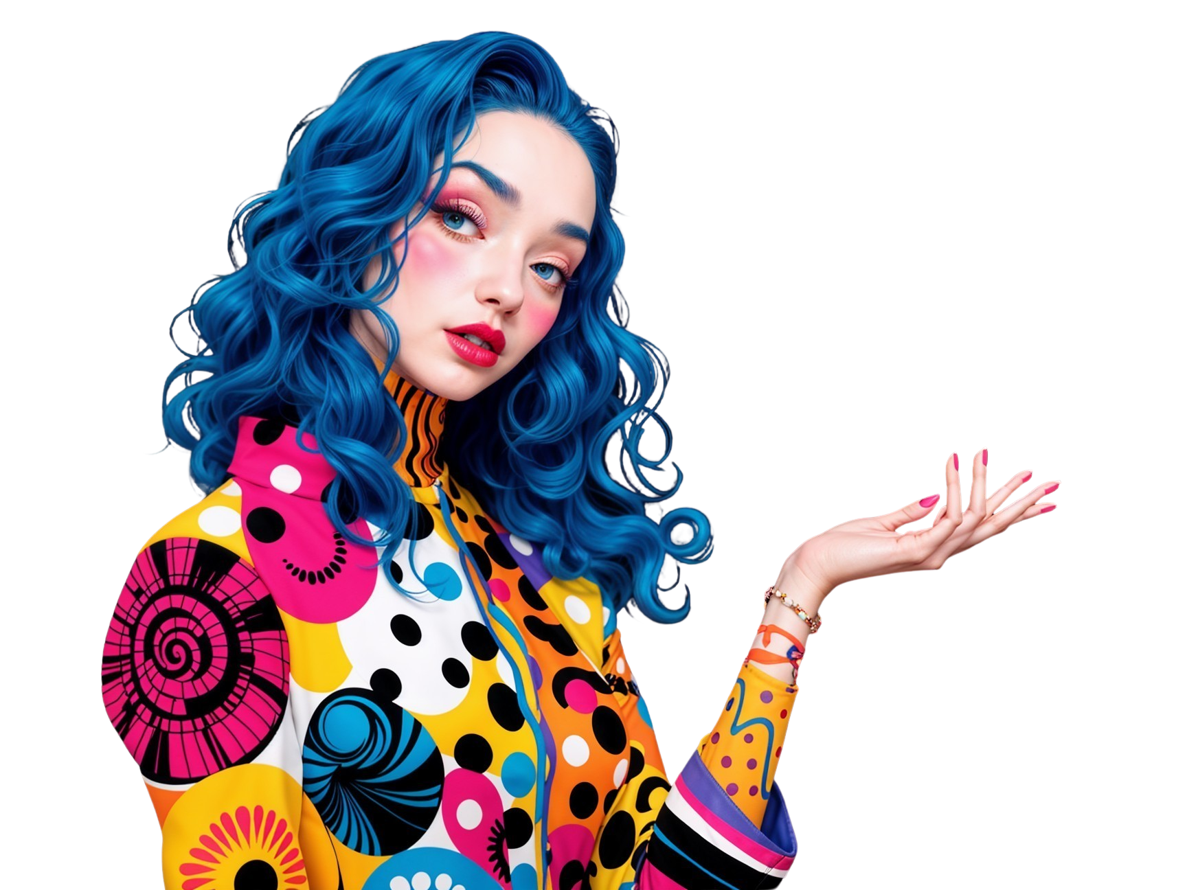 Portrait of a woman with blue hair and colorful attire