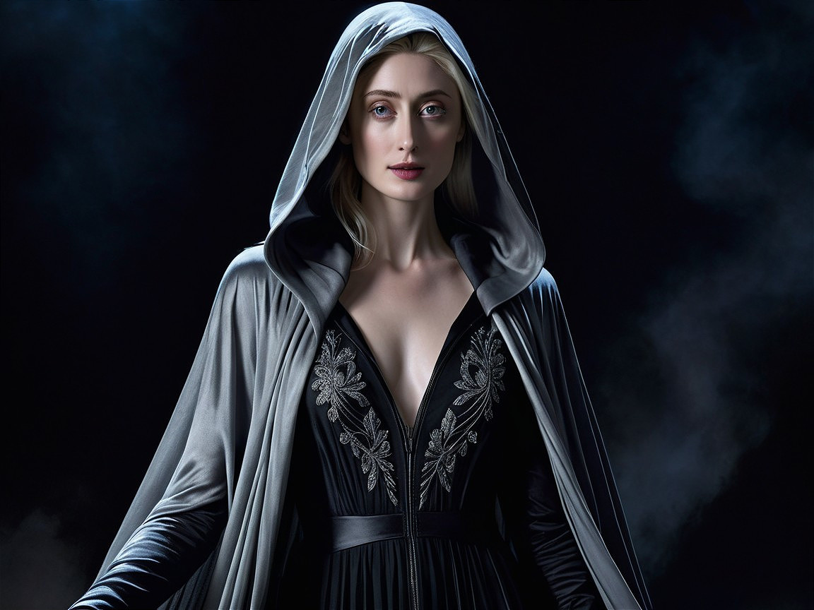 Mysterious Figure in Grey Cloak and Black Dress