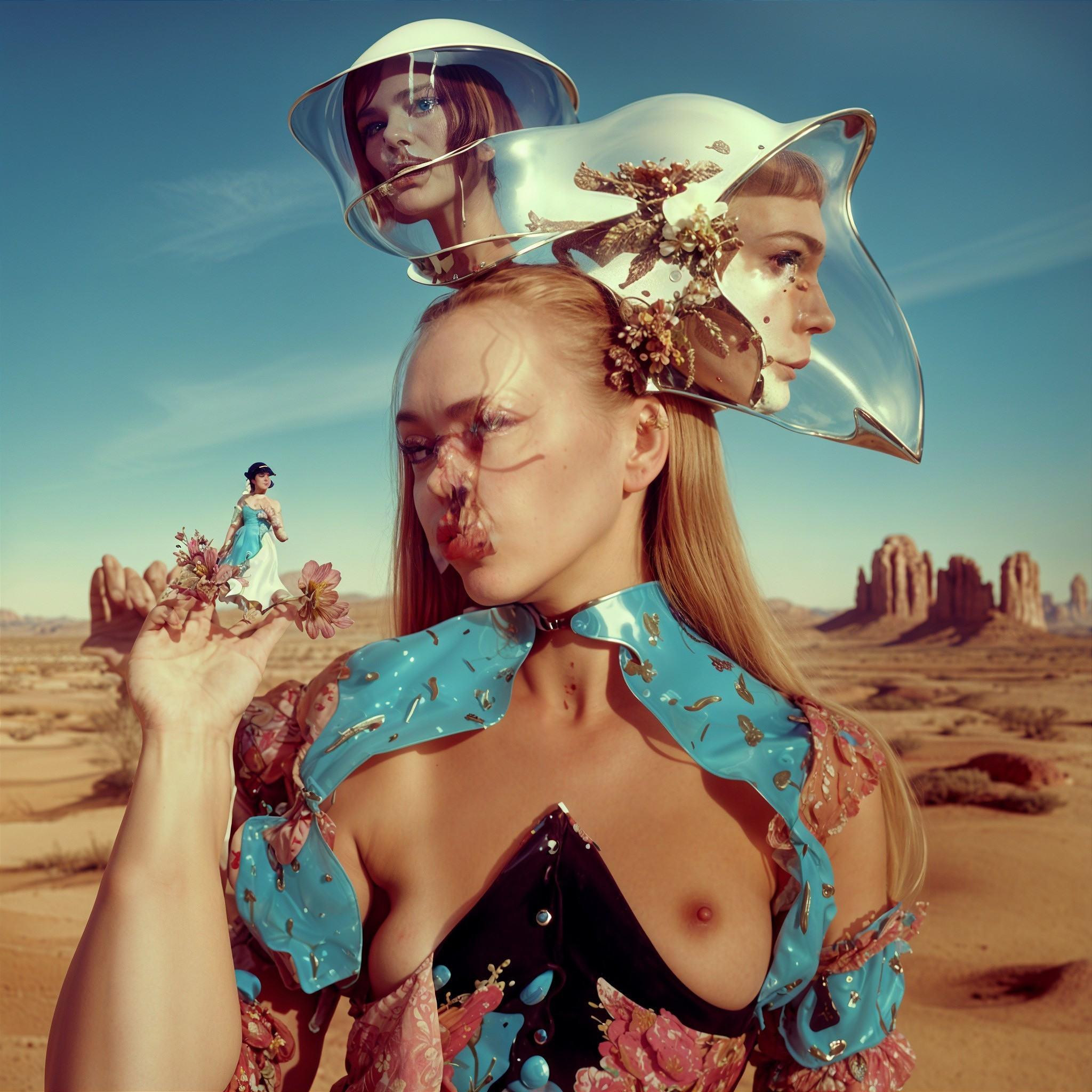 Surreal Desert Landscape with Floral Patterns and Helmets