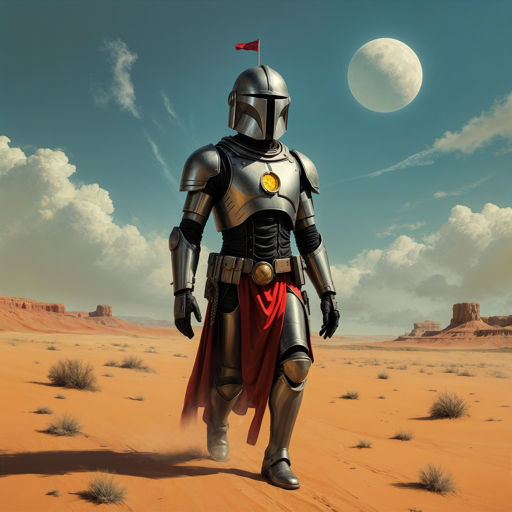 Metallic Armored Warrior in Desert Landscape
