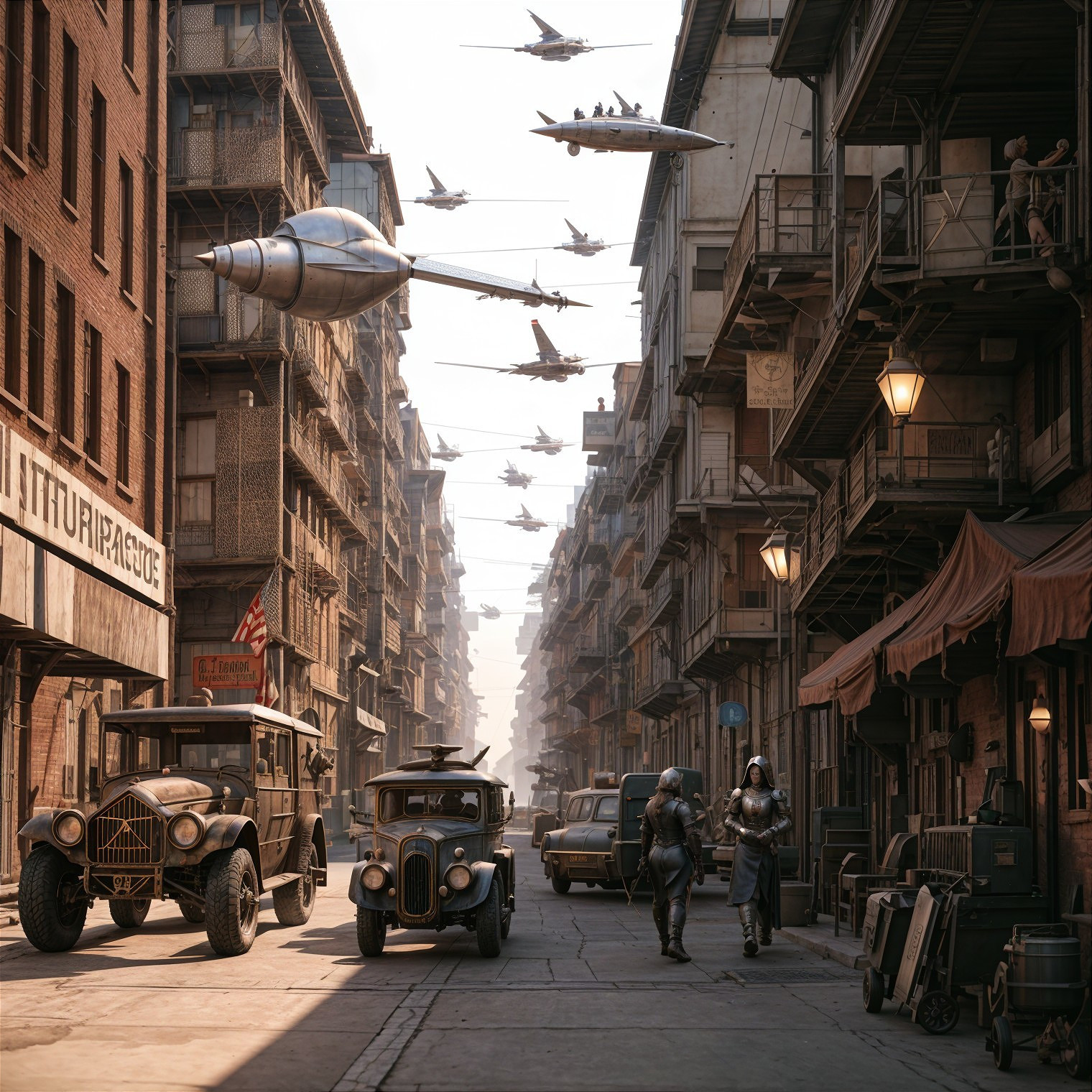 Futuristic Cityscape with Vintage Cars and Flying Vehicles