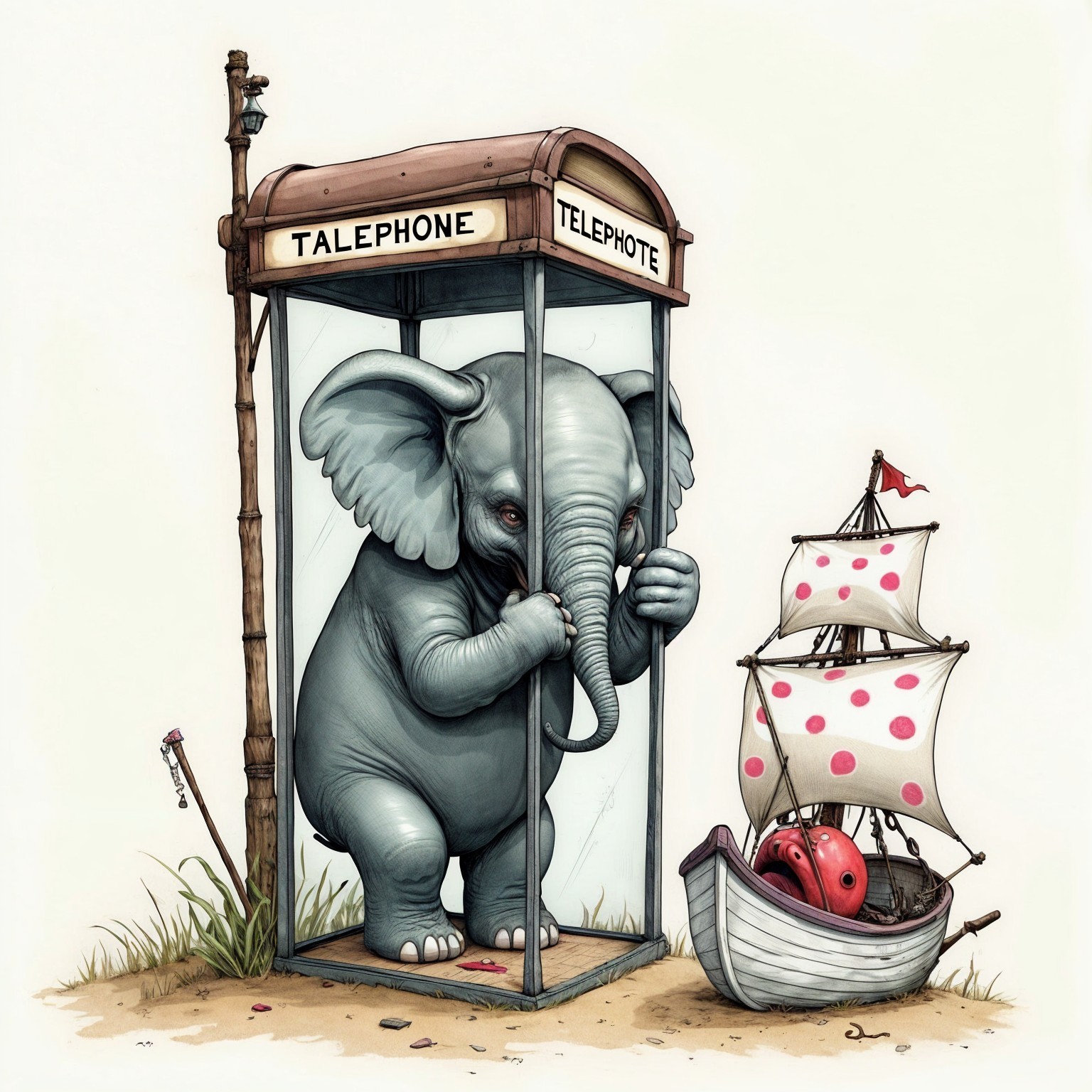 Elephant in Telephone Booth with Pirate Ship Illustration