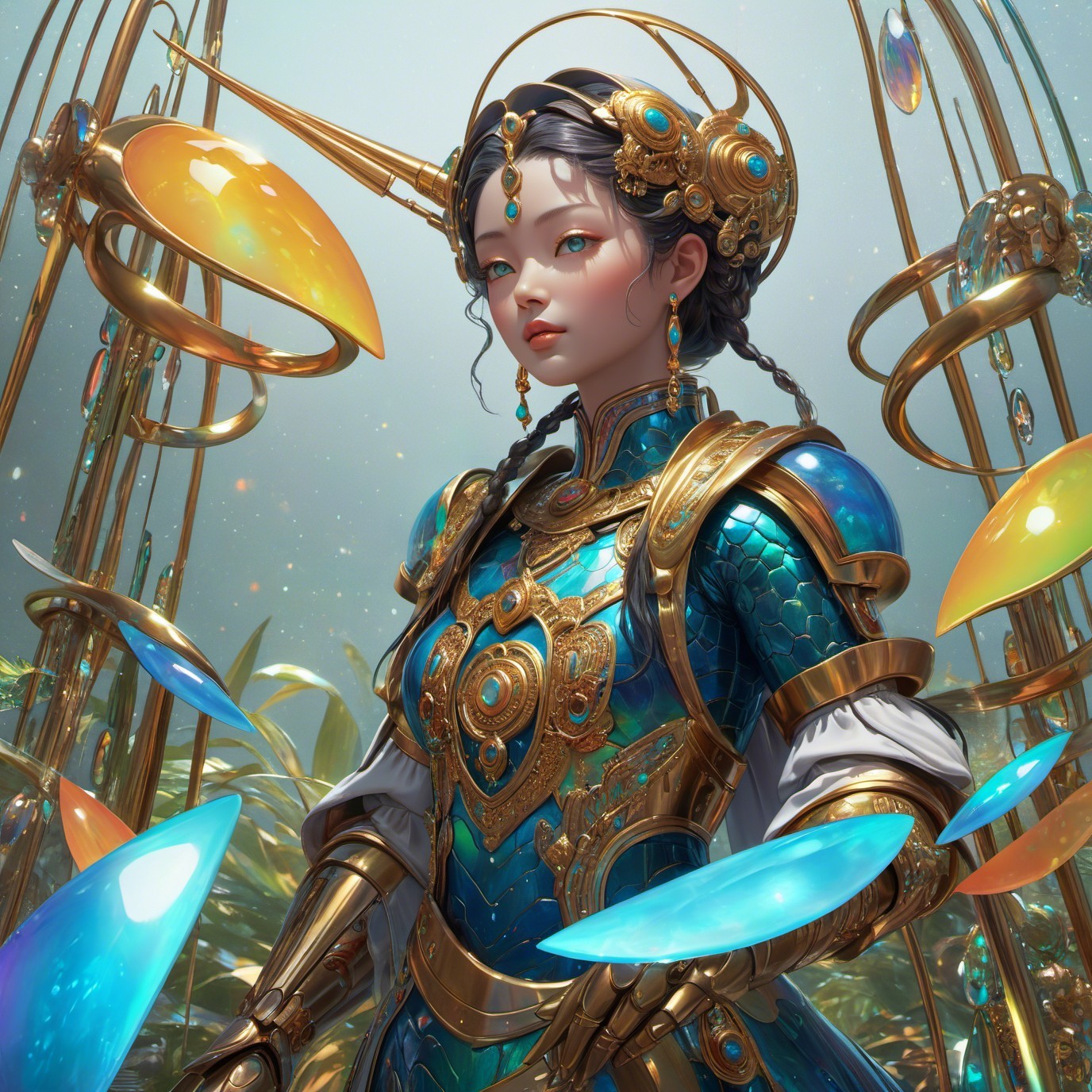 Full-body portrait of a woman in ornate armor and jewelry