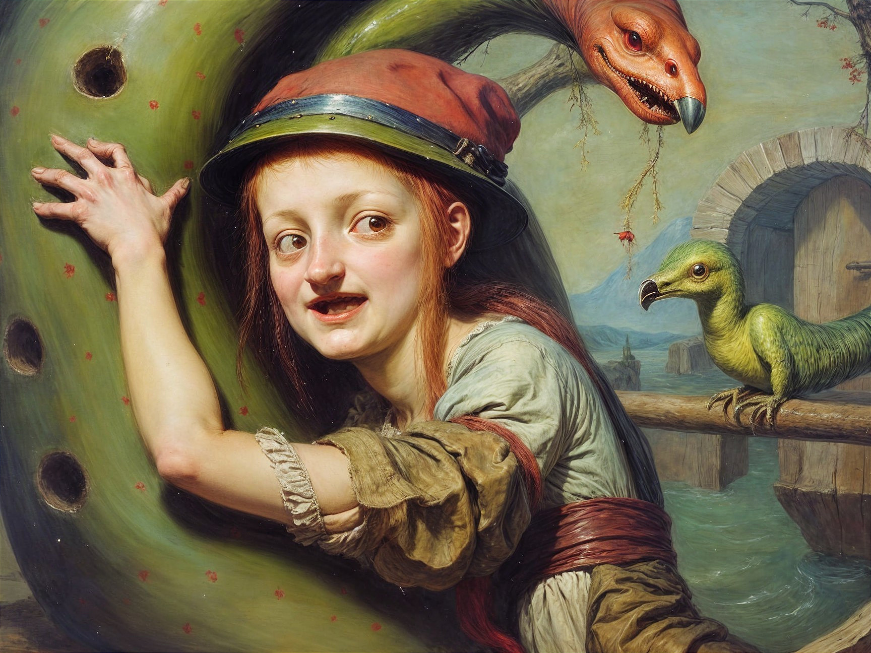 Whimsical Scene of Girl with Snake-like Creature