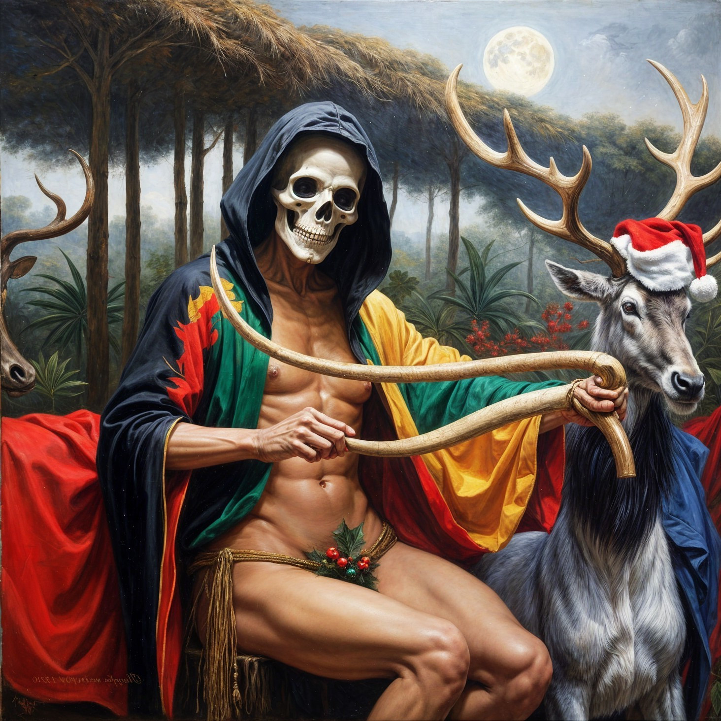 Muscular skeletal figure with deer in festive setting