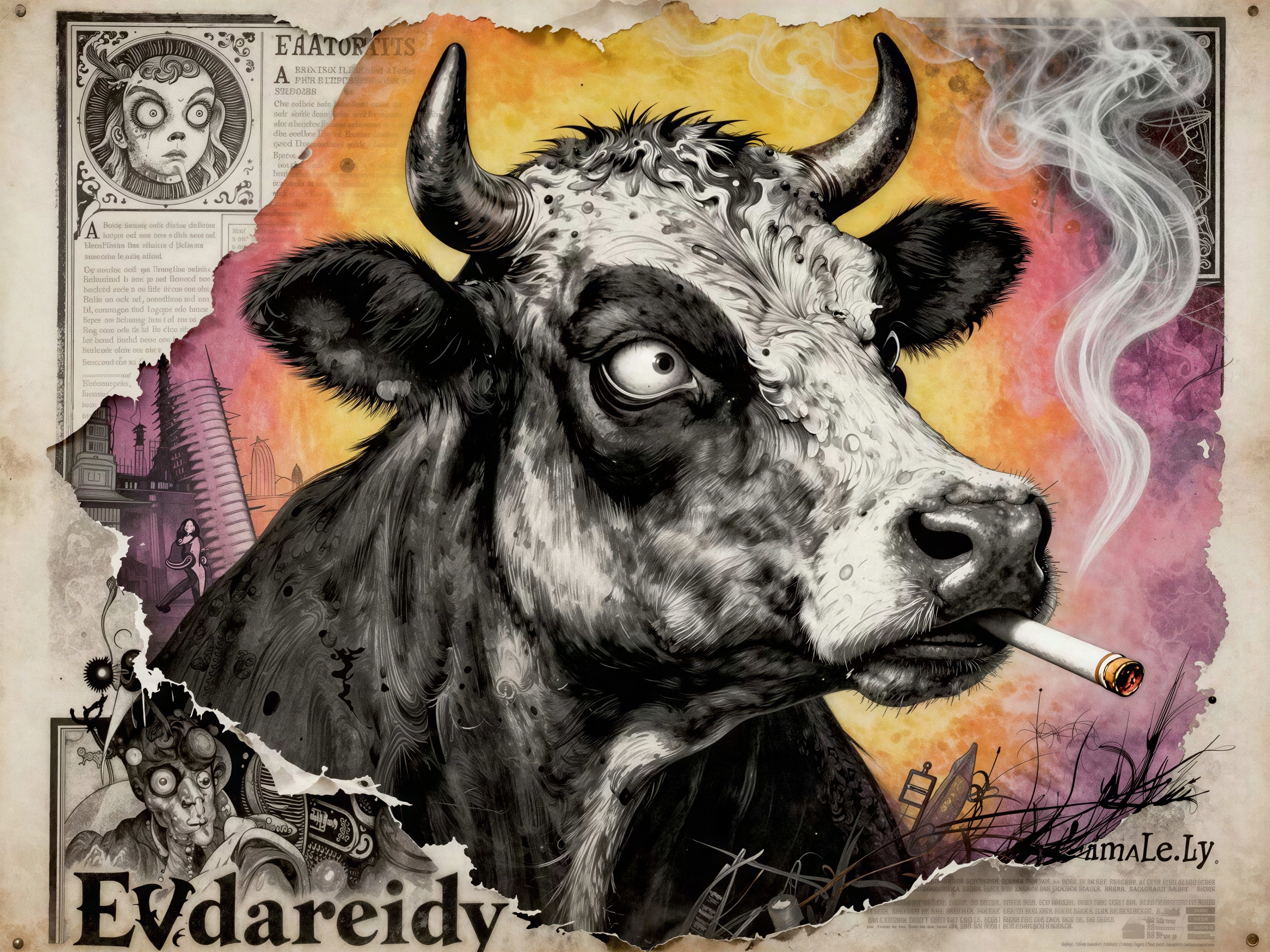 Close-Up of Cow with Cigarette on Ripped Paper Collage