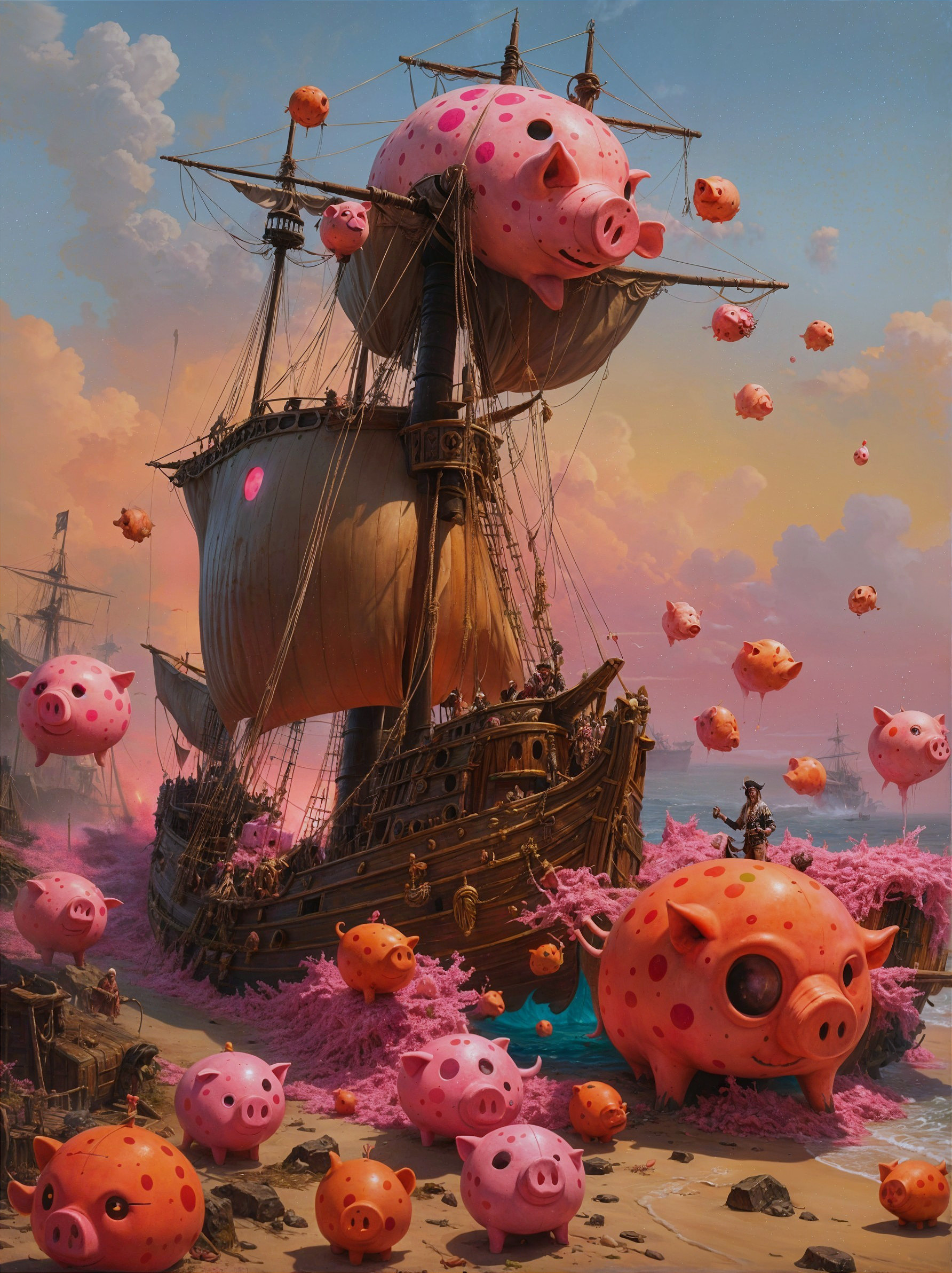 Whimsical Scene of Ship with Floating Pigs at Sunset