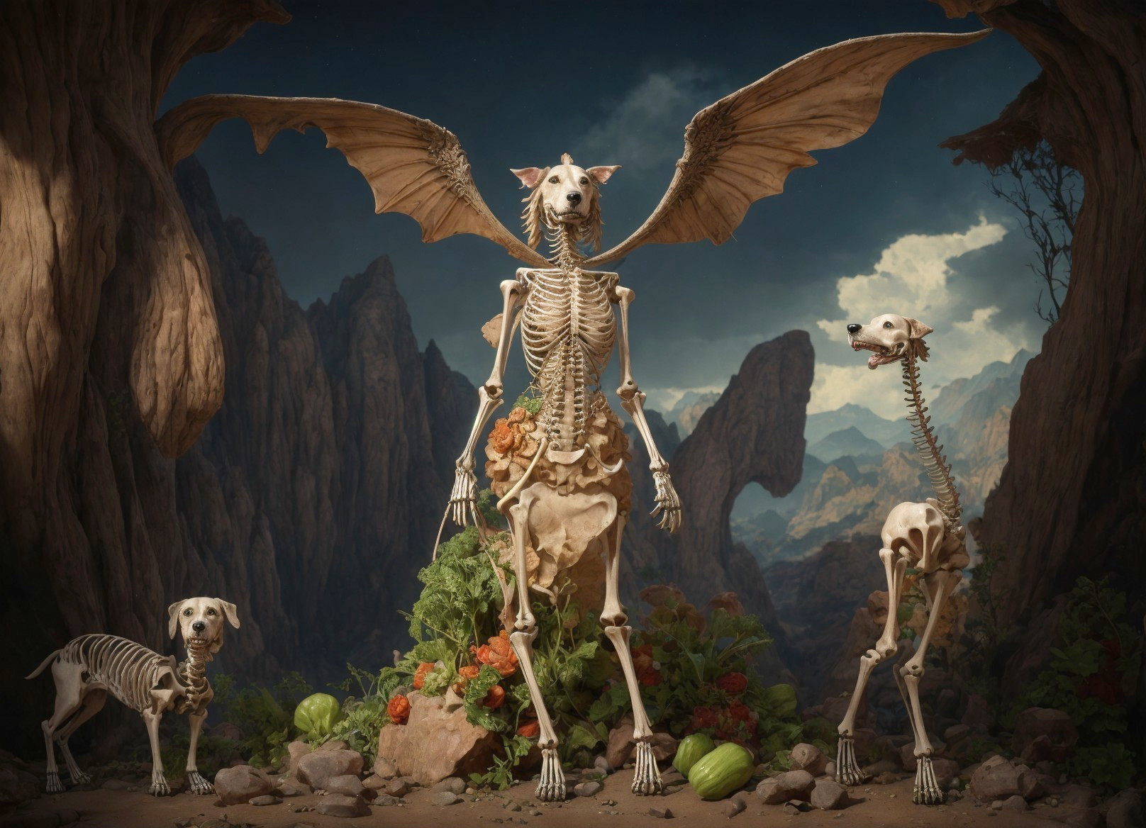 Ethereal Landscape with Humanoid and Dog Skeletons