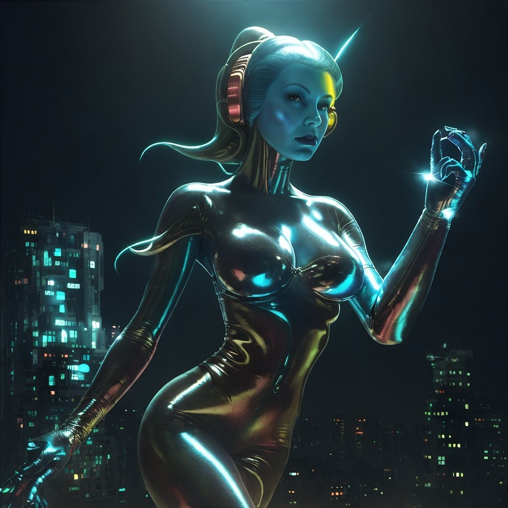 Futuristic city scene with metallic bodysuit figure