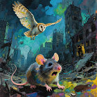 Young woman with sword in mystical landscape at twilight