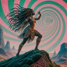 Dark-skinned woman in gold armor against a surreal sky