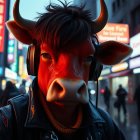 Young person with horns in a neon-lit city at night