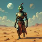 Futuristic warrior on a beach with floating planets