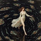 Woman in flowing dress amidst swirling abstract patterns