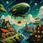 Whimsical Landscape with Colorful Airship and Houses