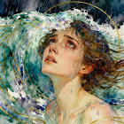 Young Woman in Colorful Landscape with Starry Sky