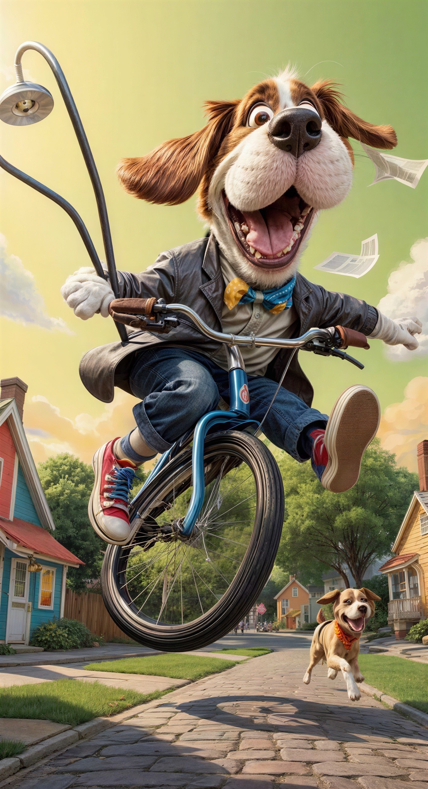 Beagle Dog Riding Bicycle in Suburban Street Scene