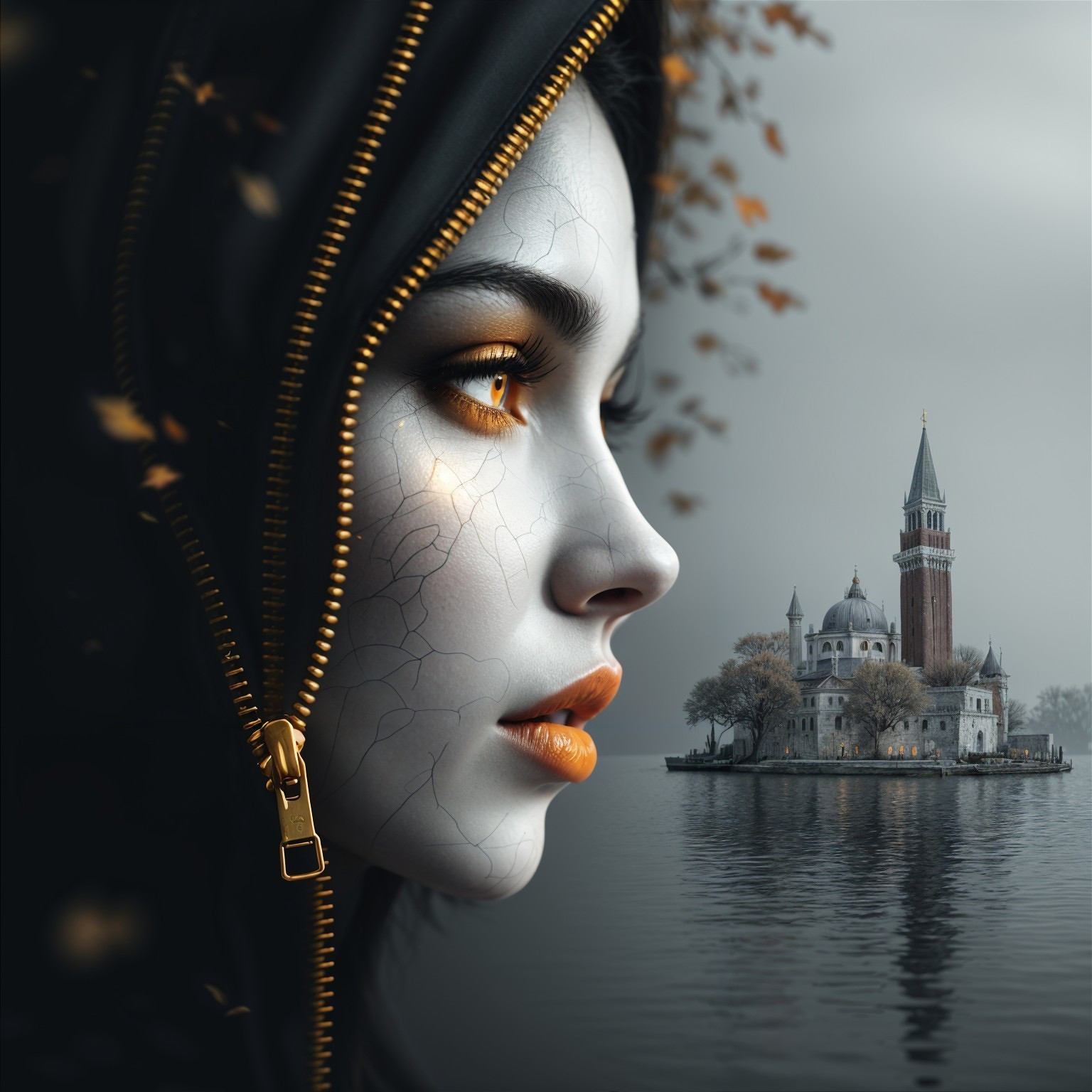 Mysterious Figure in Profile with Autumn Leaves and Island