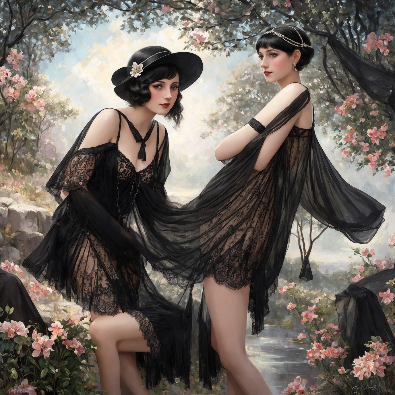 Women in a magical spring garden with detailed attire