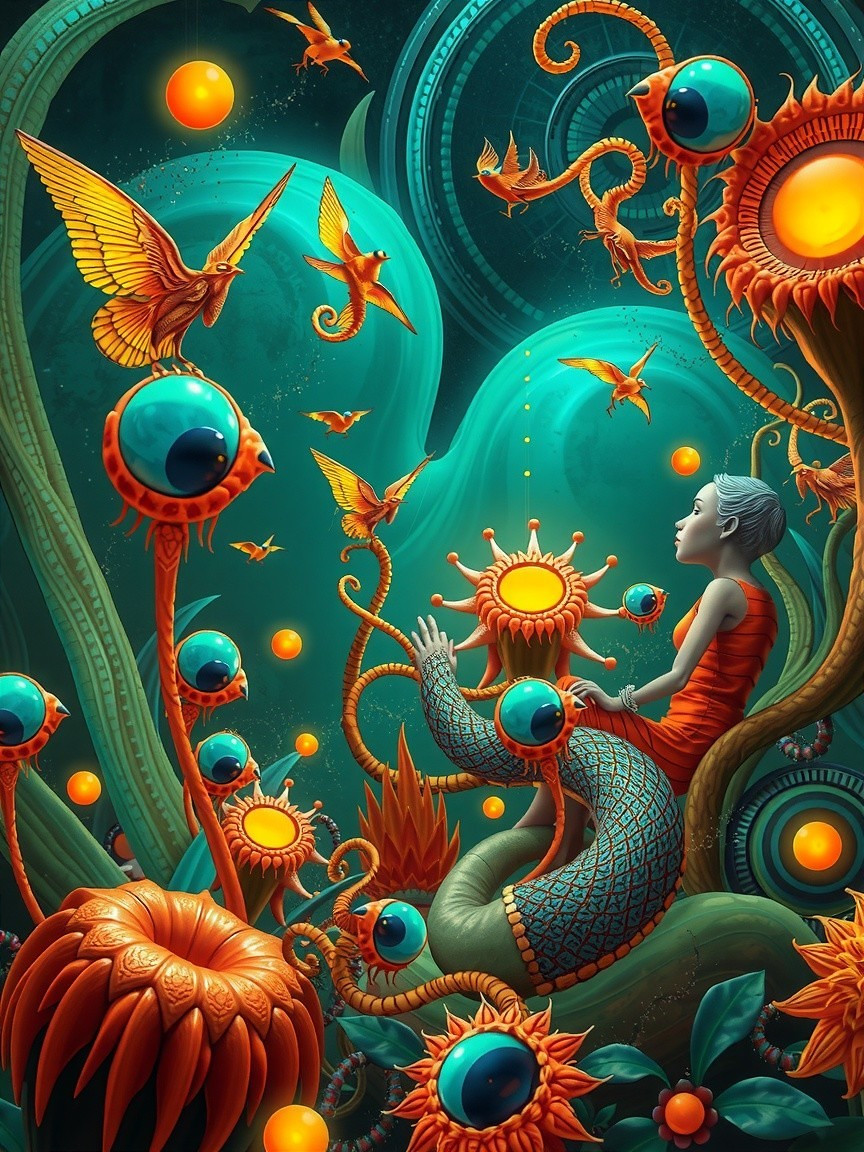 Whimsical Fantasy World with Surreal Flowers and Birds