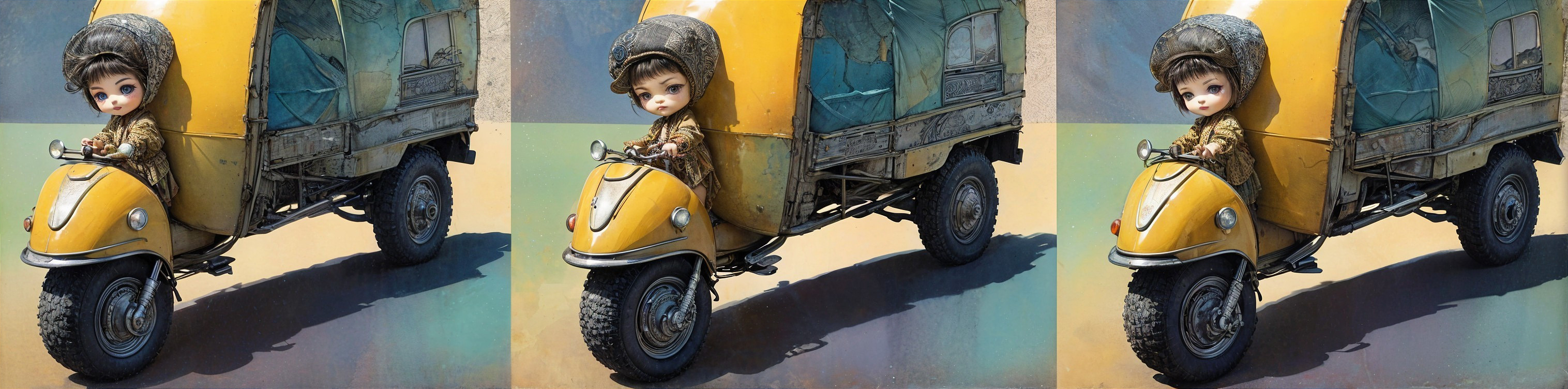 Vintage Yellow Three-Wheeled Vehicle with Doll Character