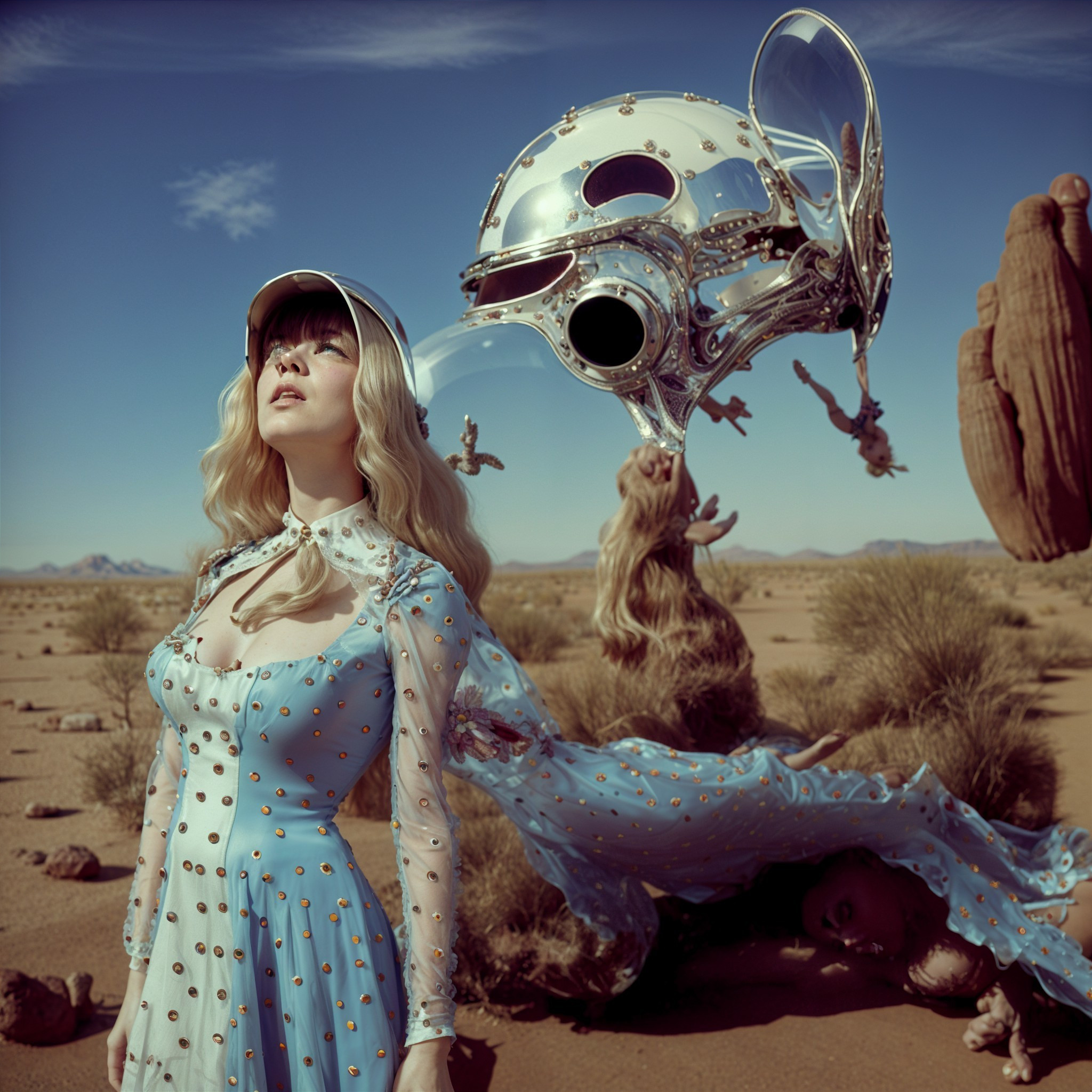 Blonde Woman in Polka-Dotted Dress by Ornate Silver Structure