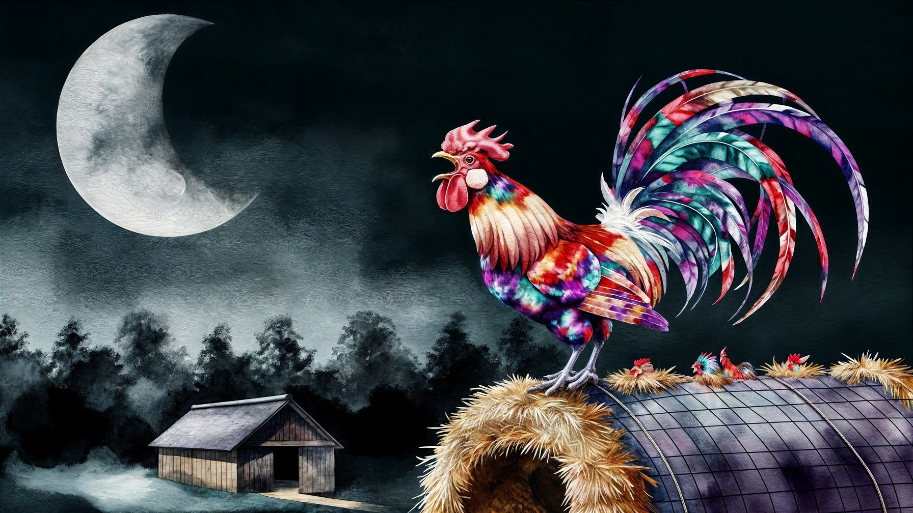 Colorful Rooster on Thatched Roof Under Moonlit Sky