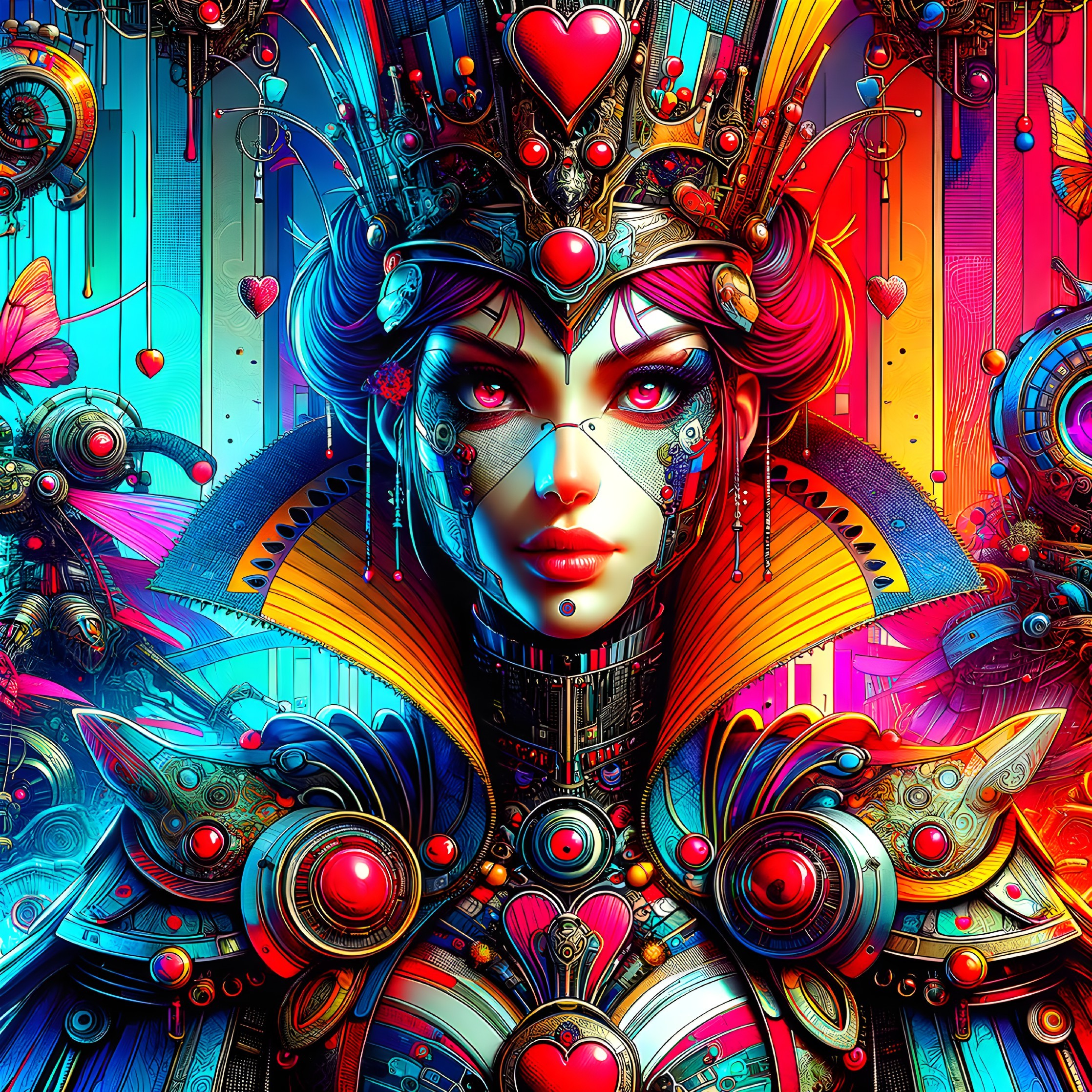 Futuristic queen with vibrant crown and colorful attire