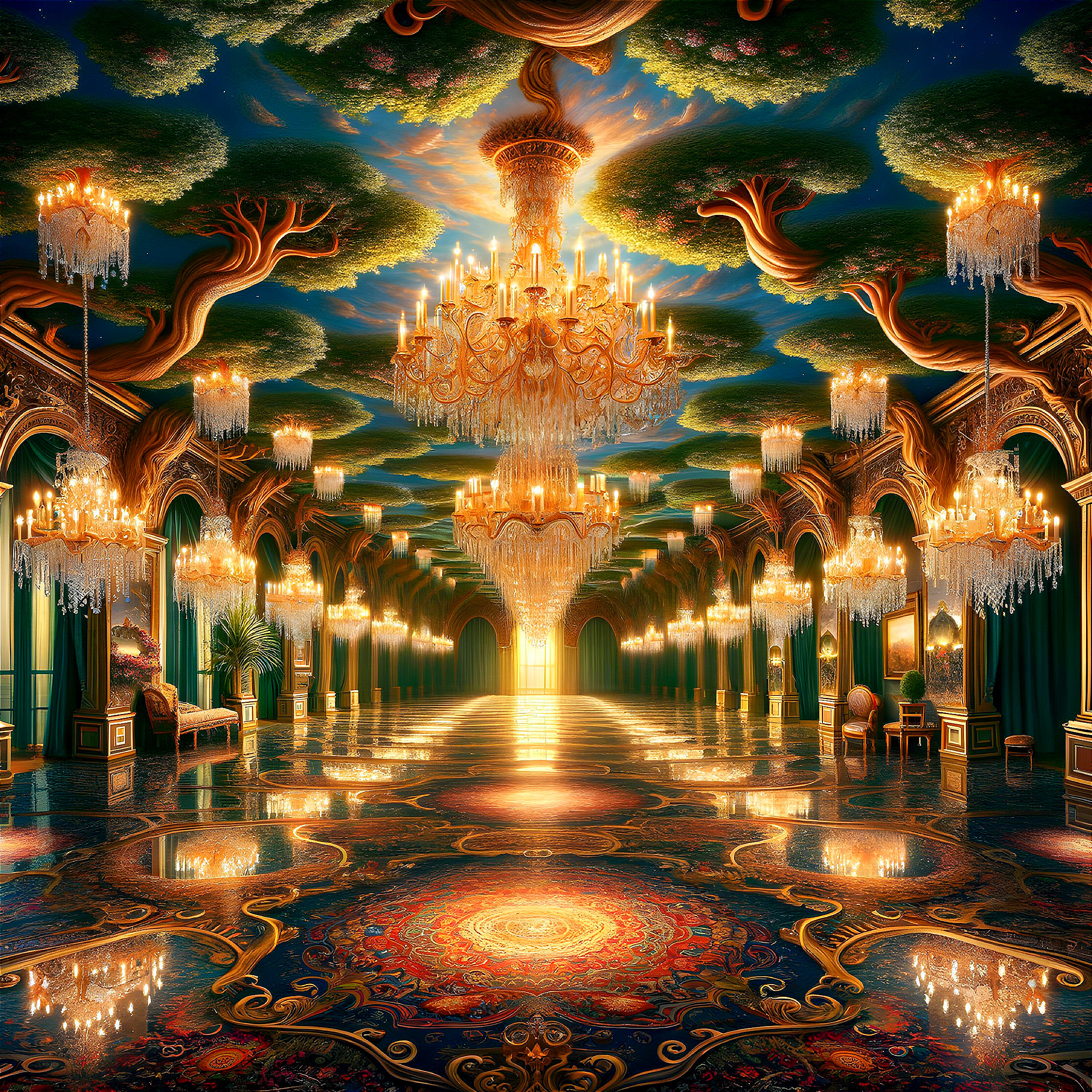 Opulent hall with reflective floor and lush trees