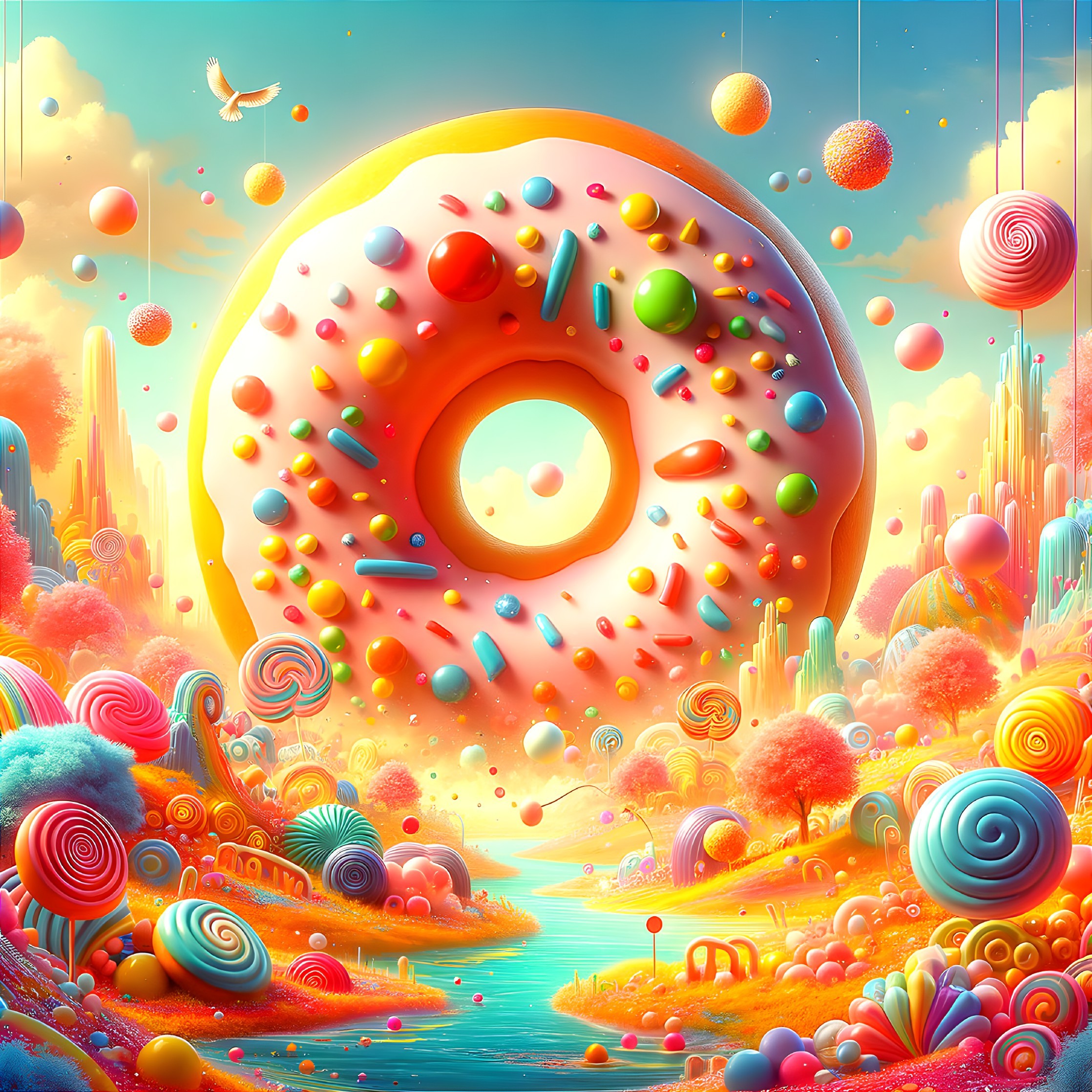 Whimsical Candy-Colored Landscape with Donut Centerpiece